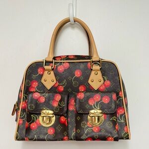 Designer-Inspired Cherry Print Satchel Bag - Brown/Red